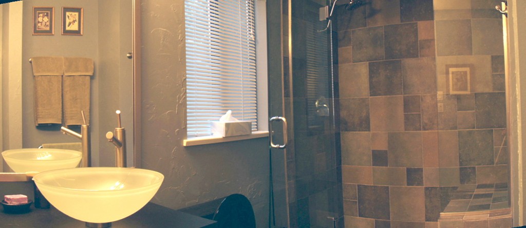 Black Bear Bathroom - Custom tiled shower, rainhead showerhead, heated floor